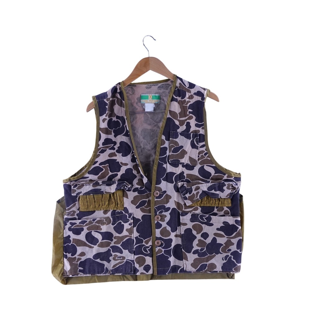 Vintage Mens Large Game Winner Duck Camo Hunting Vest Frog Skin Shell Loops
